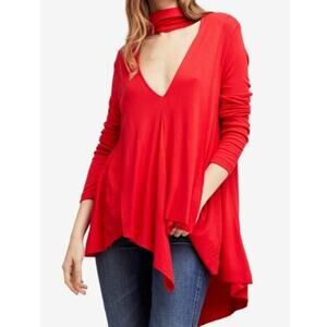 Free People Uptown Turtle Red Asymmetrical Hem Ribbed Knit Size Large